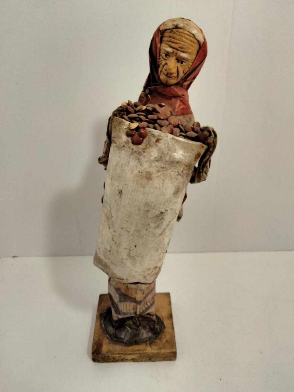 Old Woman Carrying Bag of Beans Vintage Mexican Paper Mache Figure Folk Art